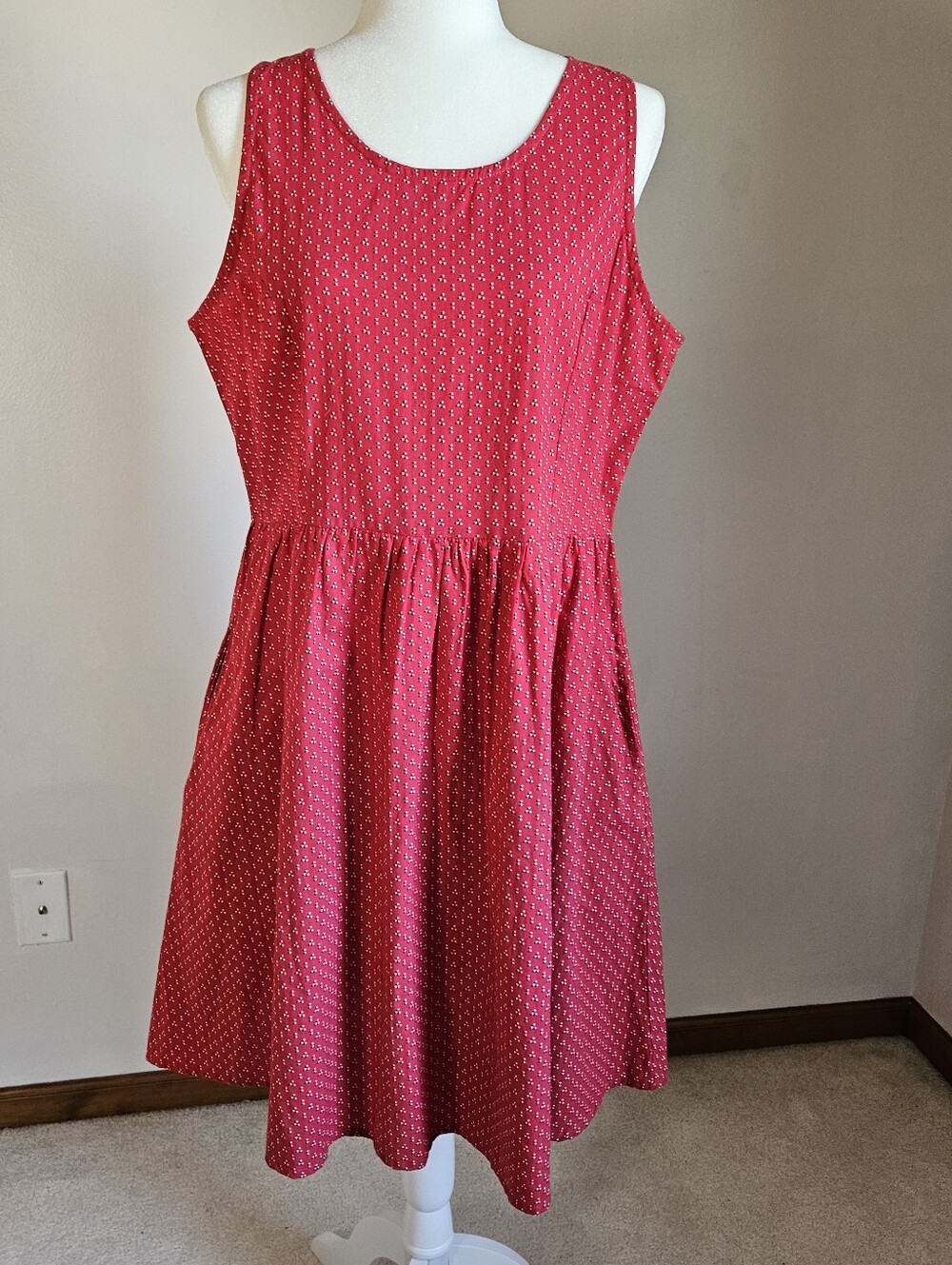 Mata Traders XL Cotton Fit/Flare Ditzy Red Dress Sleeveless Pockets Cottage